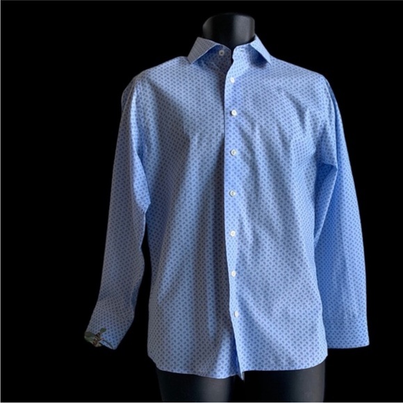 BESPOKE trim fit button down men's shirt, blue small paisley print neck 15 - Picture 3 of 8